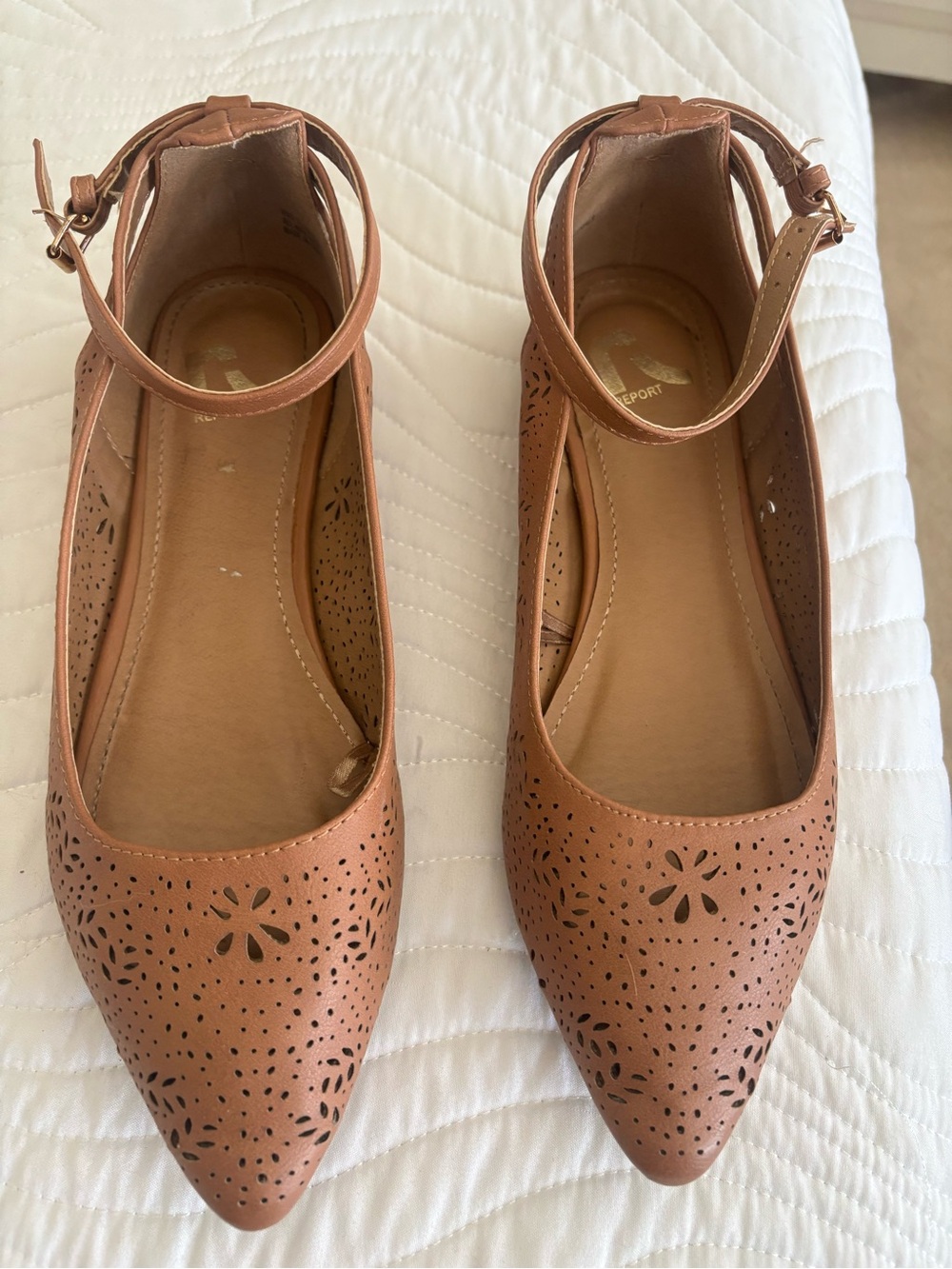 Report Tan Pointed-Toe Ankle-Strap Flats with Perforated Floral Detail